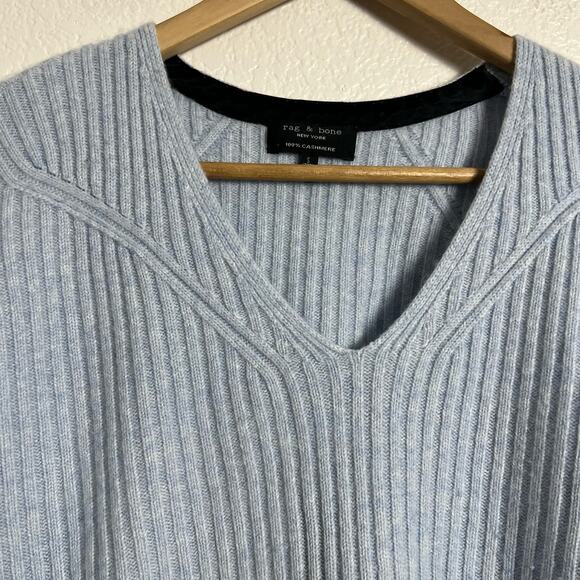 Rag & Bone Blue 100% Cashmere Ribbed Knit V-Neck Oversized Sweater Size Small - Picture 3 of 9